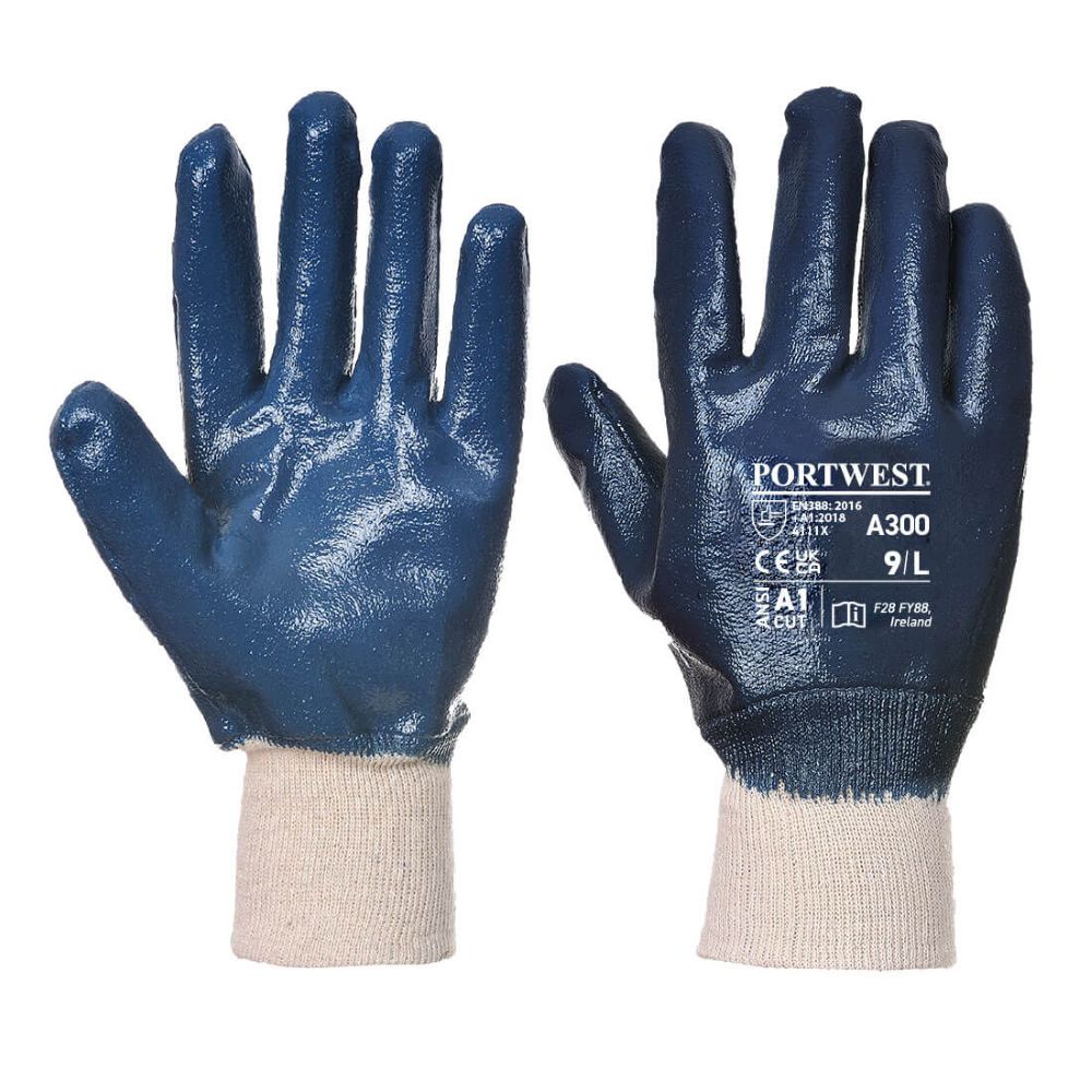 Nitrile Coated, Fully Dipped, Knit Wrist Glove, Navy - Size Medium